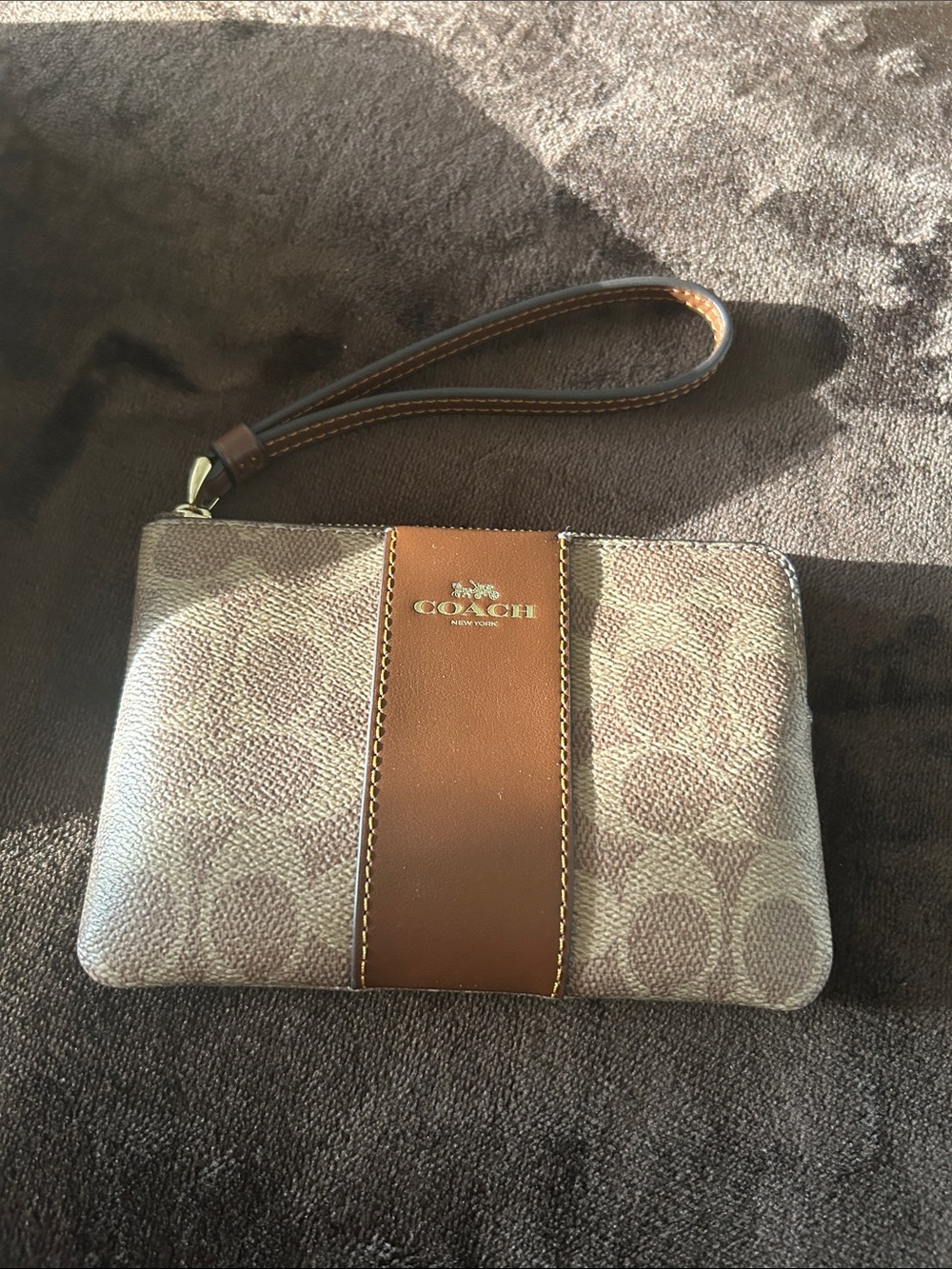 Coach Brown Signature Canvas Wristlet with Tan Leather Stripe